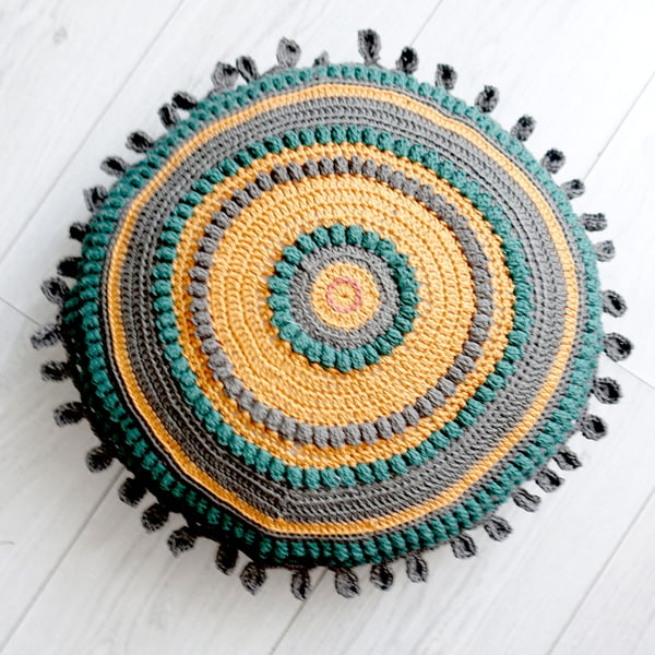 Fir Green and Gold Round Crochet Cushion 16 inches