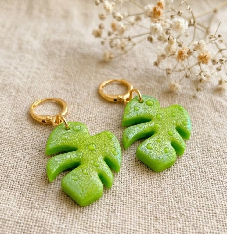Tropical Monstera Leaf Hoops - Realistic Green Clay Jewelry - Botanical