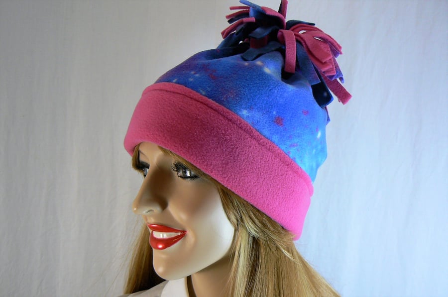 Beanie hat with tassel (pink and galaxy print)