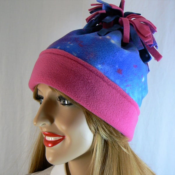 Beanie hat with tassel (pink and galaxy print)