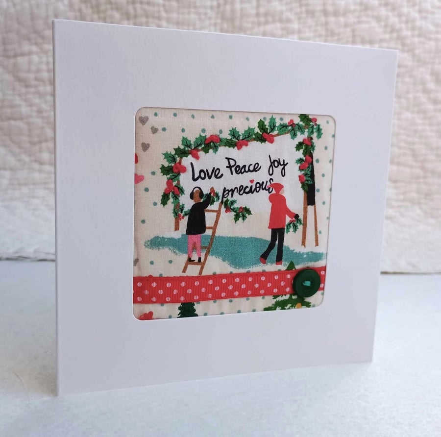 Love Peace Joy card - with holly berries, hand embroidered upcycled