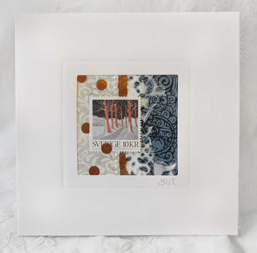 CHRISTMAS WINTER CARD MIXED MEDIA COLLAGE AND POSTAGE STAMP
