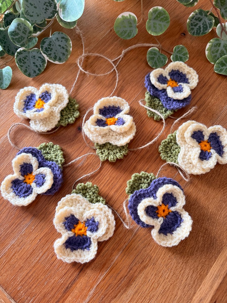 Handmade crochet pansy garland