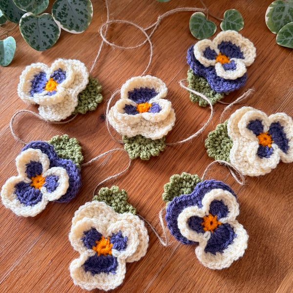 Handmade crochet pansy garland