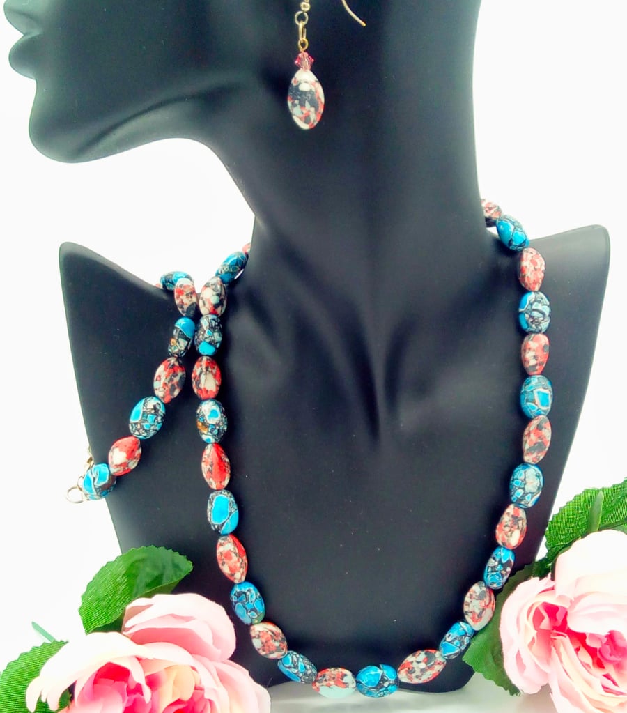 Blue & Pink Mottled Bead Jewellery Set, Beaded Jewellery Set, Mother's Day Gift