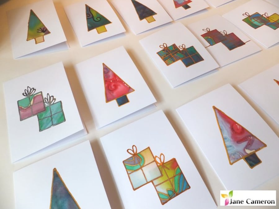 Christmas Cards - Set of 4 - Original Hand Painted Silk.