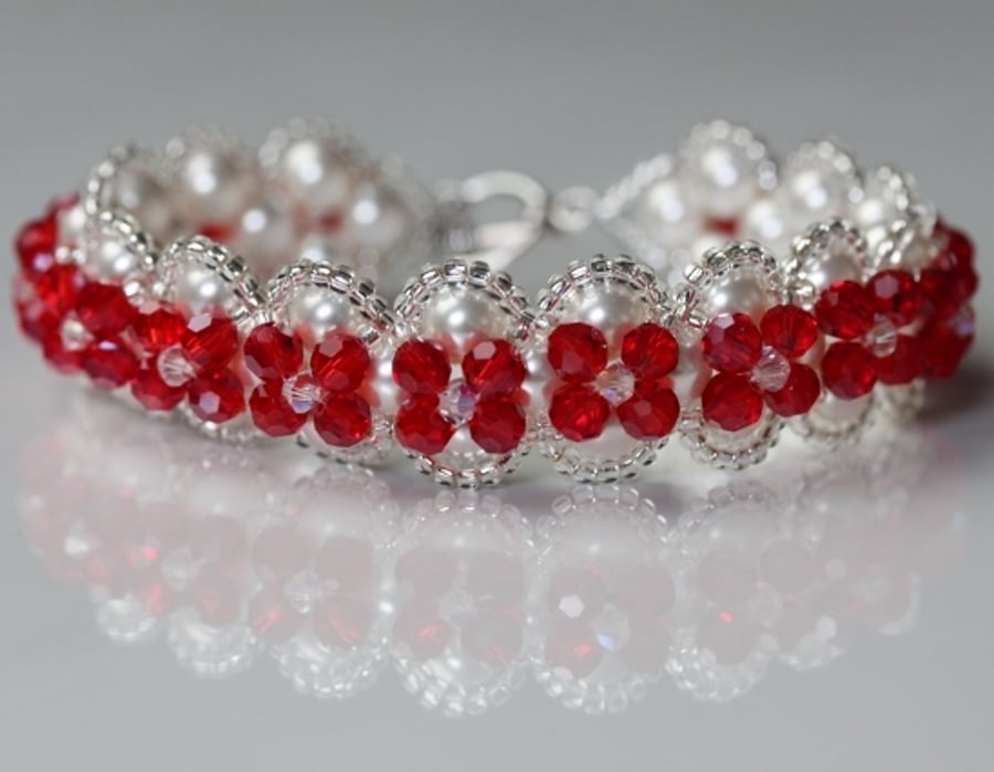 White Pearl and Red Crystal Bracelet