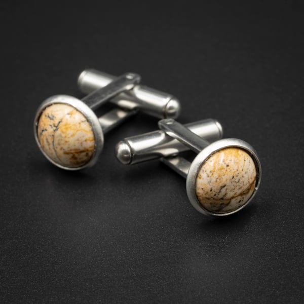 Picture jasper and stainless steel cuff links, Pisces, Aries gift