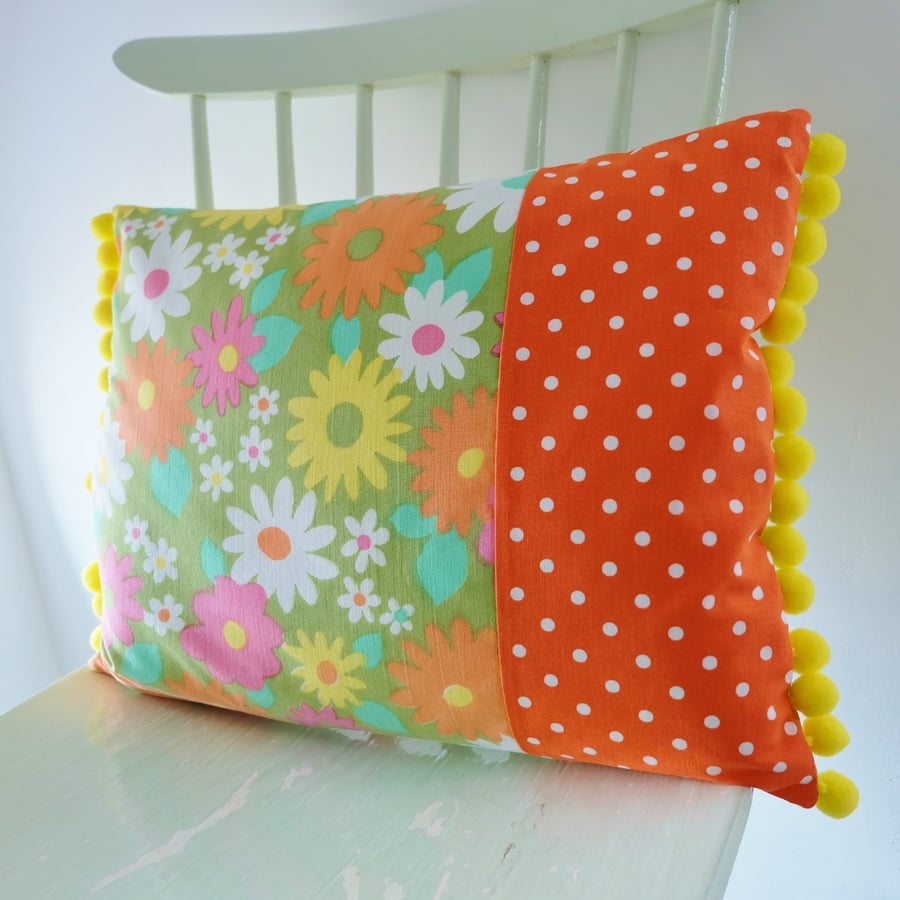 SALE Vintage Flower Fabric Pom Pom Cushion, Long Retro Pillow in Green Flowers