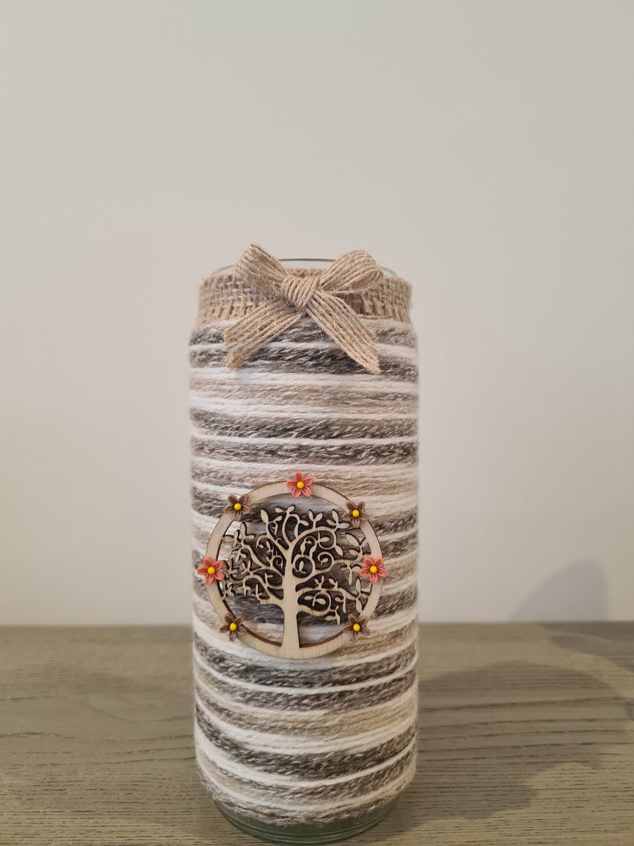 Upcycled Hancrafted 'Tree Of Life' Yarn Wrapped Glass Vase, Rustic Home Decor