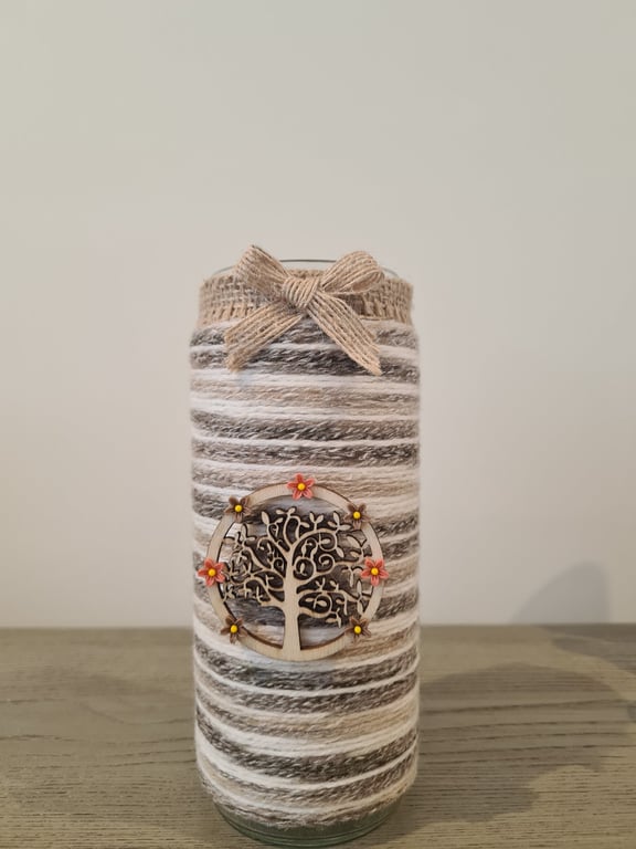 Upcycled Hancrafted 'Tree Of Life' Yarn Wrapped Glass Vase, Rustic Home Decor