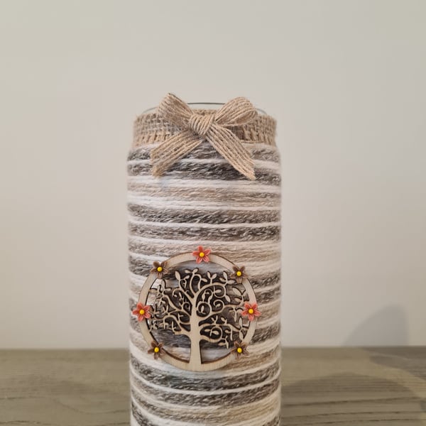 Upcycled Hancrafted 'Tree Of Life' Yarn Wrapped Glass Vase, Rustic Home Decor
