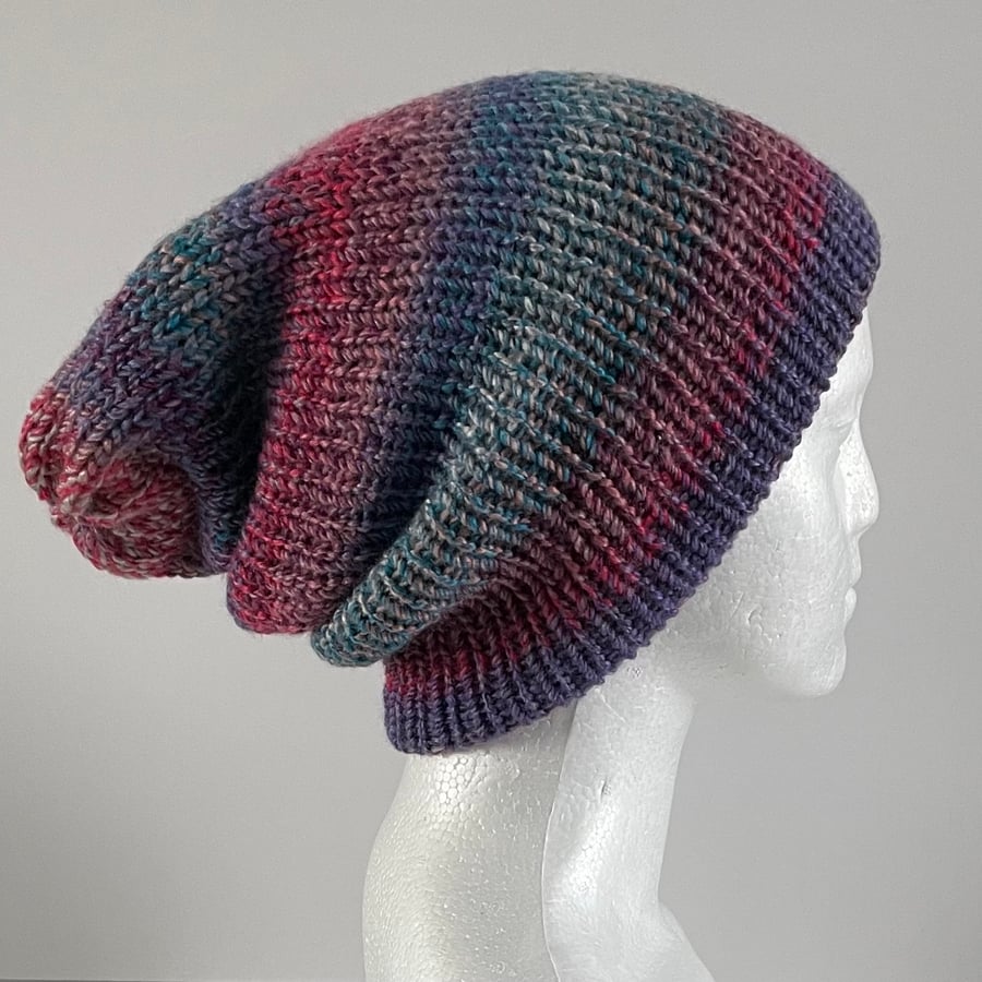 Multicoloured Winter Slouchy Hat, Double Layered Reversible Beanie, FREE POST