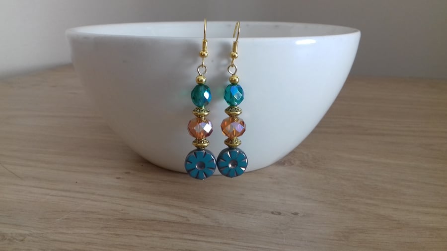 TEAL, COPPER AND GOLD FLOWER DESIGN EARRINGS.