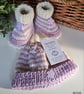 Designer Merino Wool Baby Girl's Booties & Hat Set 0-3 months size - Image 3