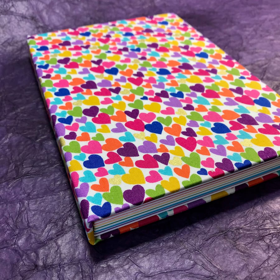 A5 Notebook with full cloth rainbow hearts cover