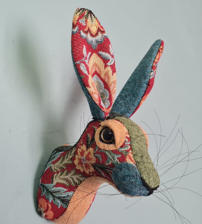 Faux hare head wall mount in floral tapestry fabric- Hattie