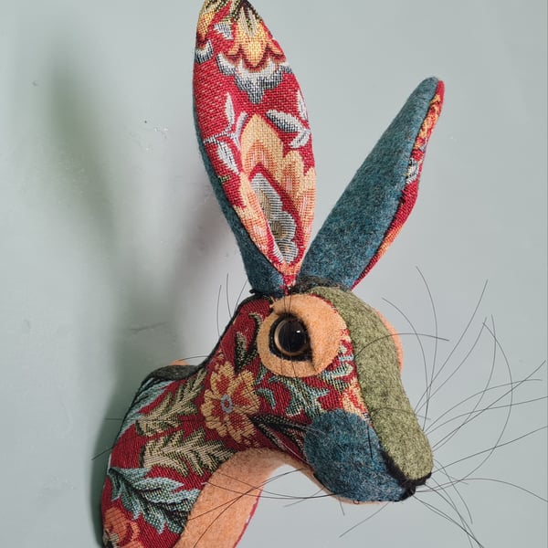 Faux hare head wall mount in floral tapestry fabric- Hattie