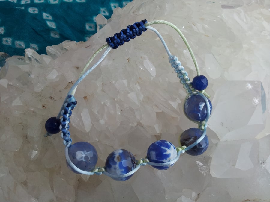 Blue Cracked Fire Agate adjustable macrame bracelet