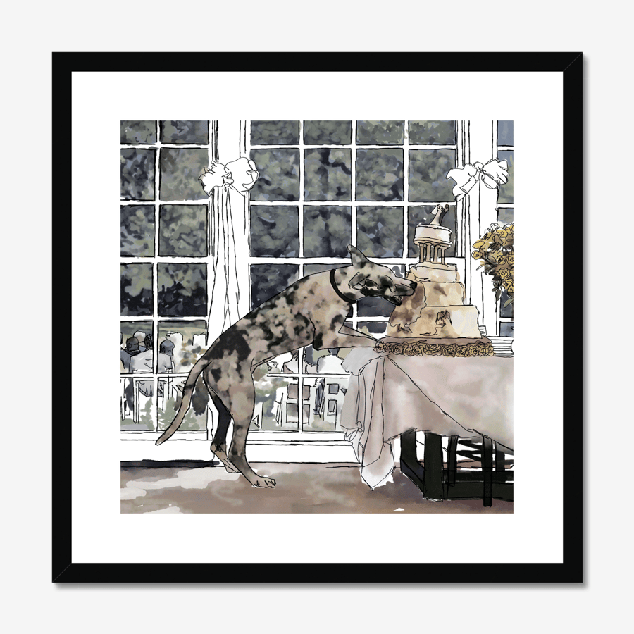 Whimsical Cake Great Dane Art Print , Box framed and mounted, Wall art