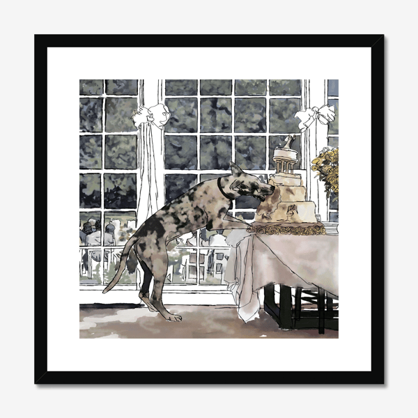 Whimsical Cake Great Dane Art Print , Box framed and mounted, Wall art