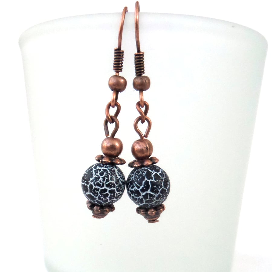 Black & white frost agate copper earrings