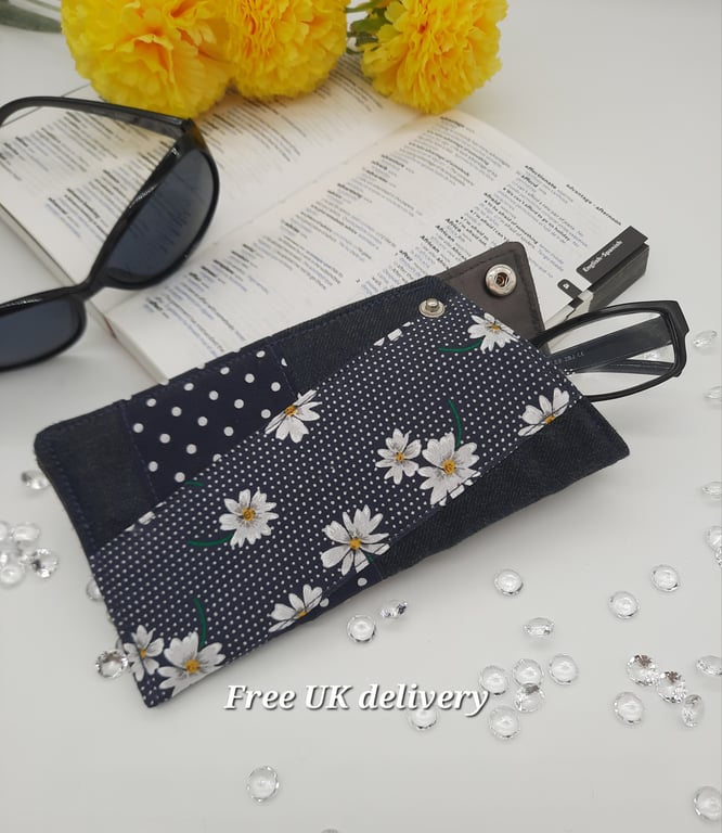 Glasses case patchwork daisy,  polkadot and denim 