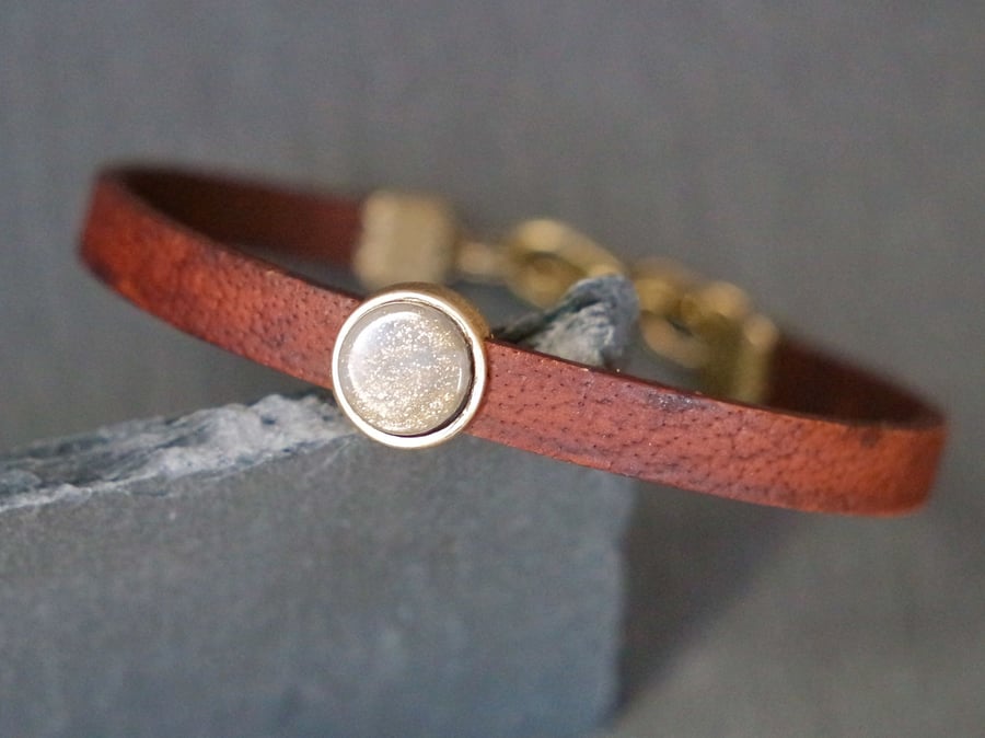 Leather bracelet - stardust grey gold shimmer antique gold