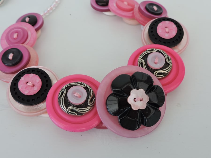 Button Necklace  Hot Pink Black and Pale Pink