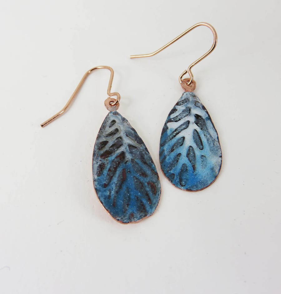 Leaf Teardrop Enamel and Textured Copper Dangle Earrings