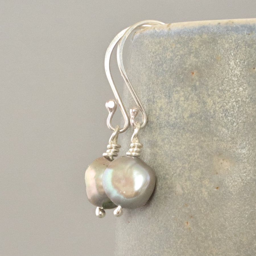 Genuine Sage Green Freshwater Nugget Pearl & Sterling Silver Drop Earrings 