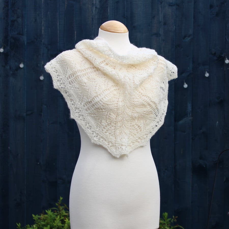 Natural undyed white Teeswater Shetland Wool knitted lace shawl - design F201
