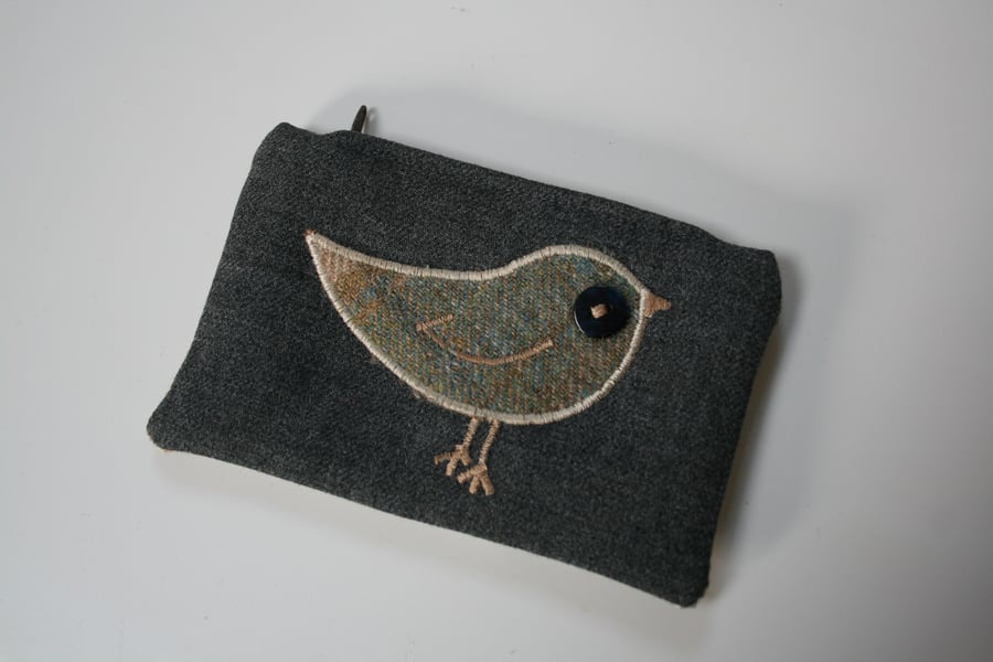 Tweedy bird purse wallet - grey blue tweed and button eye
