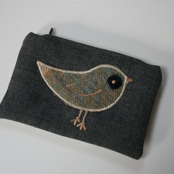 Tweedy bird purse wallet - grey blue tweed and button eye