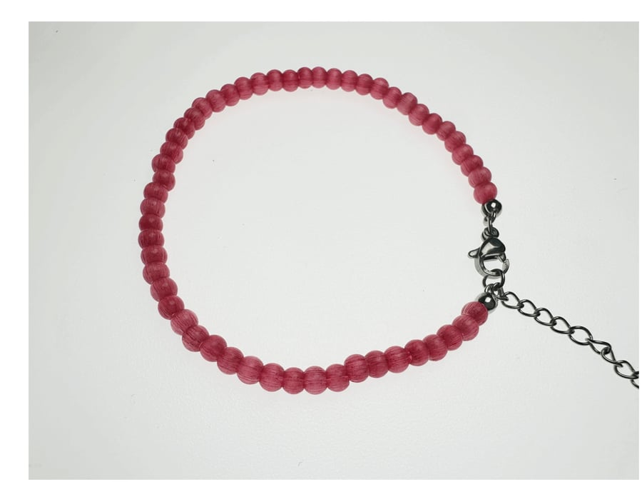 Red Cat's Eye Beaded Bracelet: Adjustable Silver Tone Chain