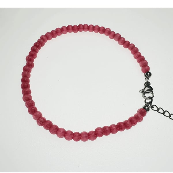 Red Cat's Eye Beaded Bracelet: Adjustable Silver Tone Chain