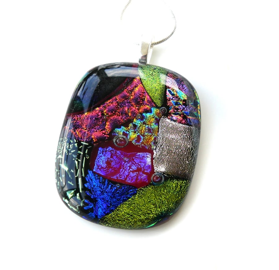 Dichroic Glass S011 Supersize Patchwork 3-layer Pendant with Silver Plated chain