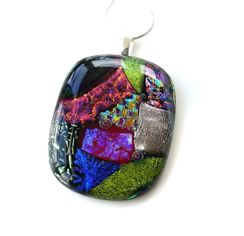 Dichroic Glass S011 Supersize Patchwork 3-layer Pendant with Silver Plated chain