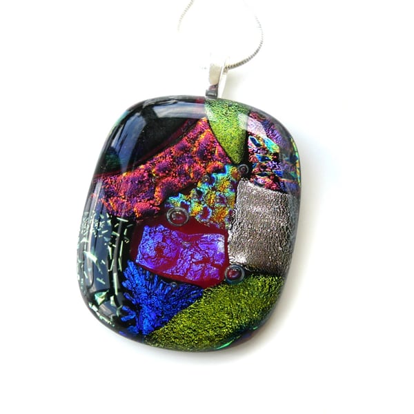Dichroic Glass S011 Supersize Patchwork 3-layer Pendant with Silver Plated chain