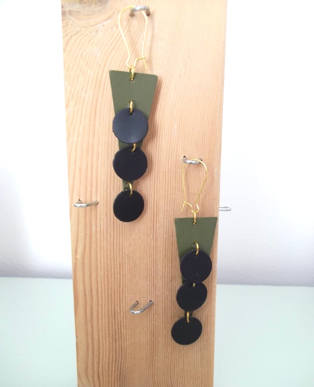 Khaki and Black Leather Backgammon Style Dangle Drop Earrings