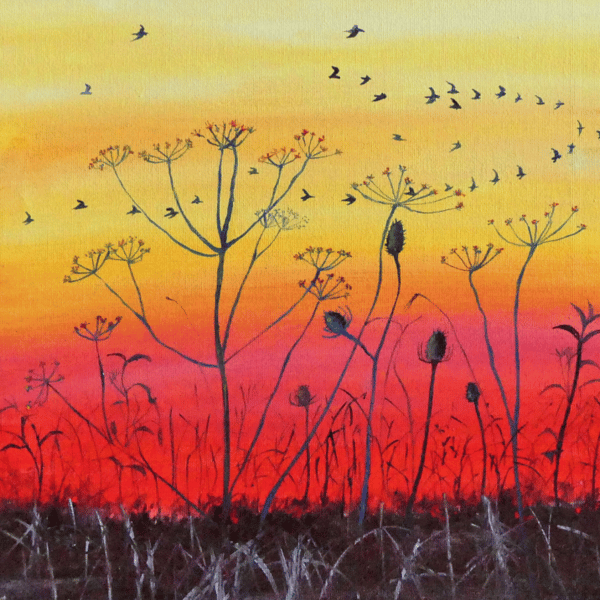 Sunset Landscape Card with Birds and Wild Flowers from Original Oil Painting