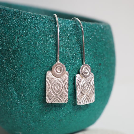 Earrings, Silver Embossed Pattern, Silver Drop Earrings, Handmade, ARC Jewellery