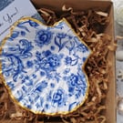 Scallop Shell Trinket Dish, Ring Holder, Vintage Blue & White Floral Design 