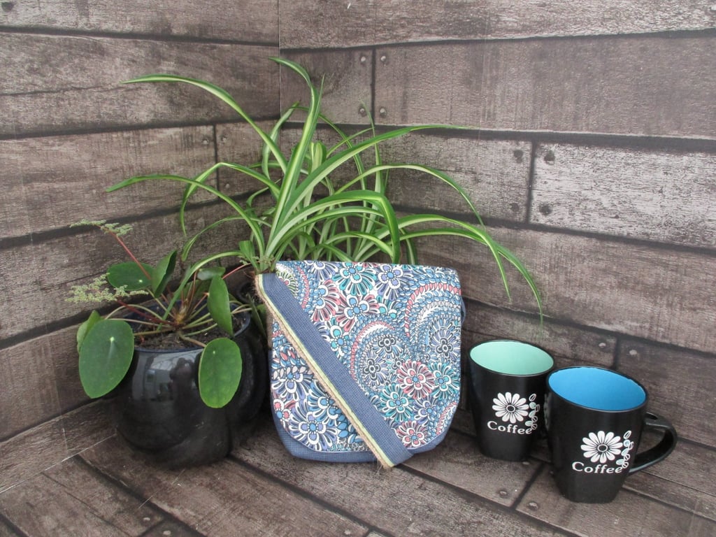Upcycled Coffee Sack - Mini Shoulder Bag - Blue and peach floral