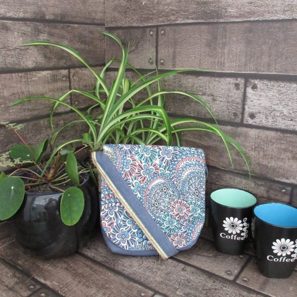 Upcycled Coffee Sack - Mini Shoulder Bag - Blue and peach floral