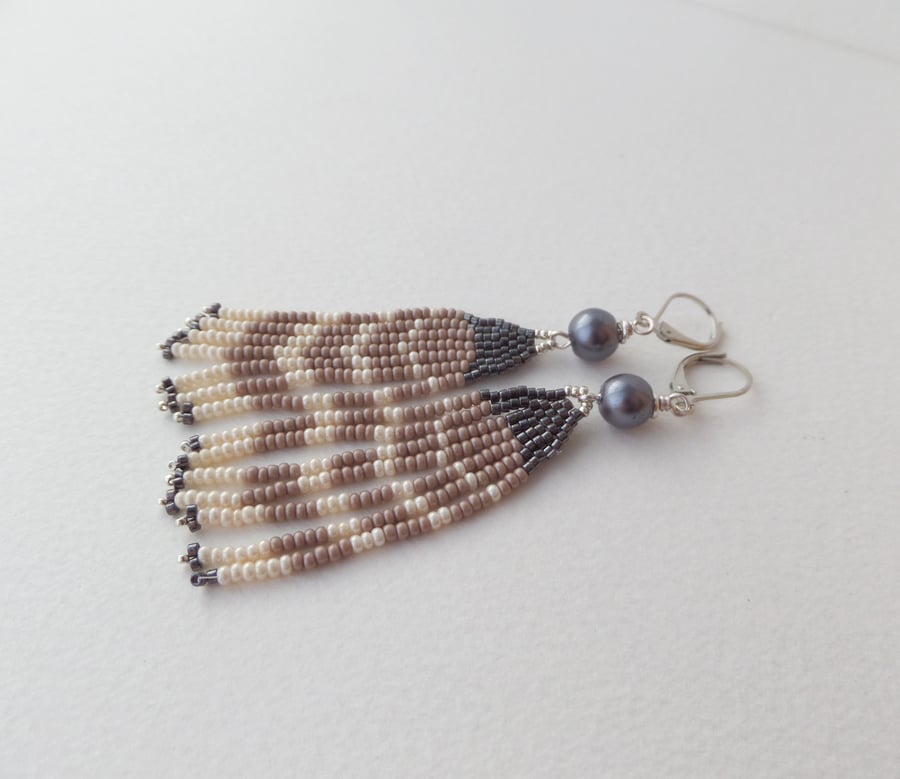 Pearl and Fringe Earrings, Native American Inspired Grey Cream Brown boho chic