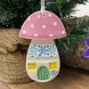 Ceramic toadstool Christmas decoration pink roof