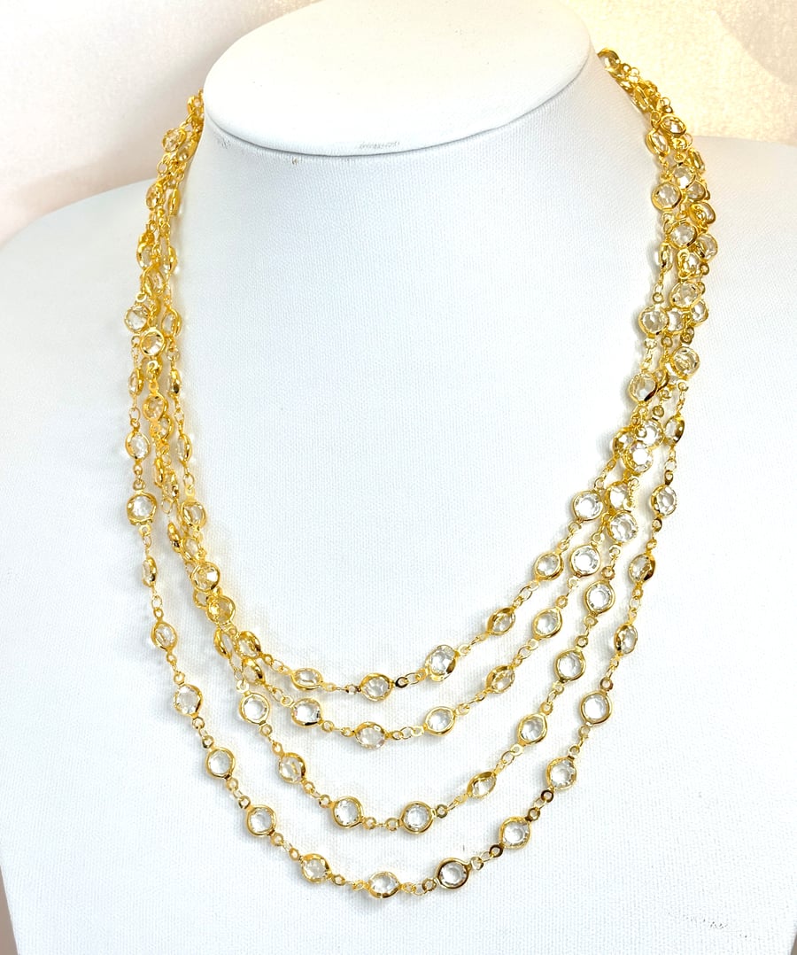 Very Long Clear CZ Crystal Chain Necklace Gold Plated No Clasp 78 or 40 inch