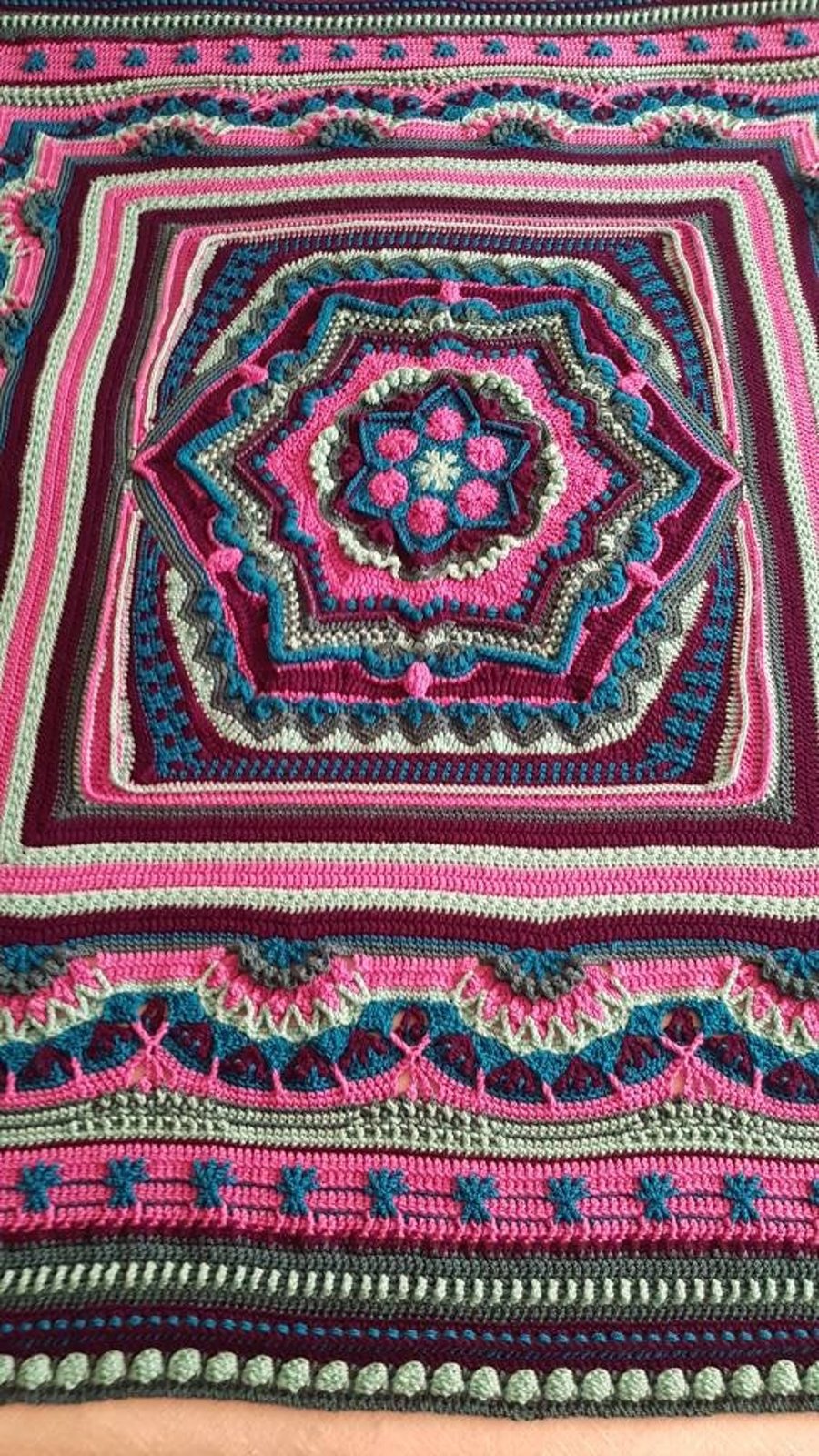 Handmade crochet blanketthrowAfghan, peacock colour theme MEASURES 56" X 61" 