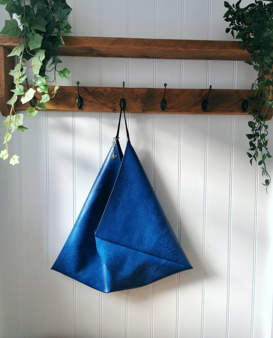 Royal Blue Vegan Leather Origami Bag with Fuax Suede Strap and Silver Charm